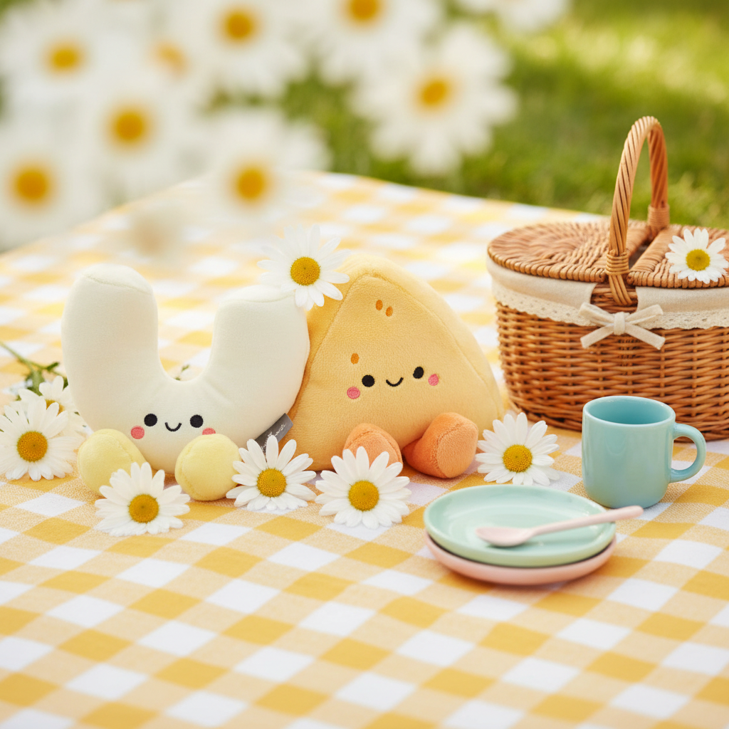 Mac & Cheese, Magnetic Plush Pair - Better Together on a picnic blanket with daisies and a picnic basket, cute and colourful.