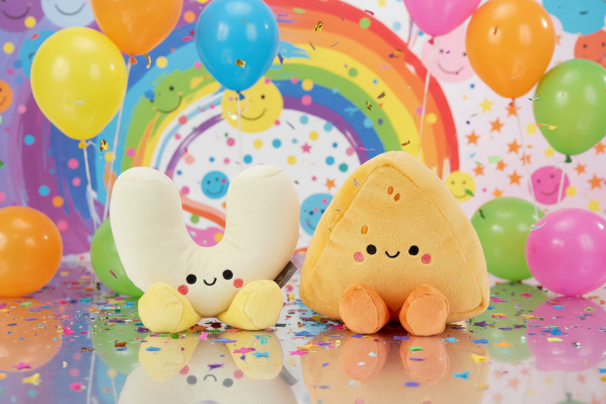Mac & cheese, magnetic plush pair - better together, colourful party setting with balloons and confetti, fun gift idea