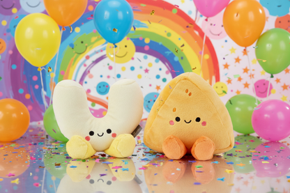 Mac & cheese, magnetic plush pair - better together, colourful party setting with balloons and confetti, fun gift idea