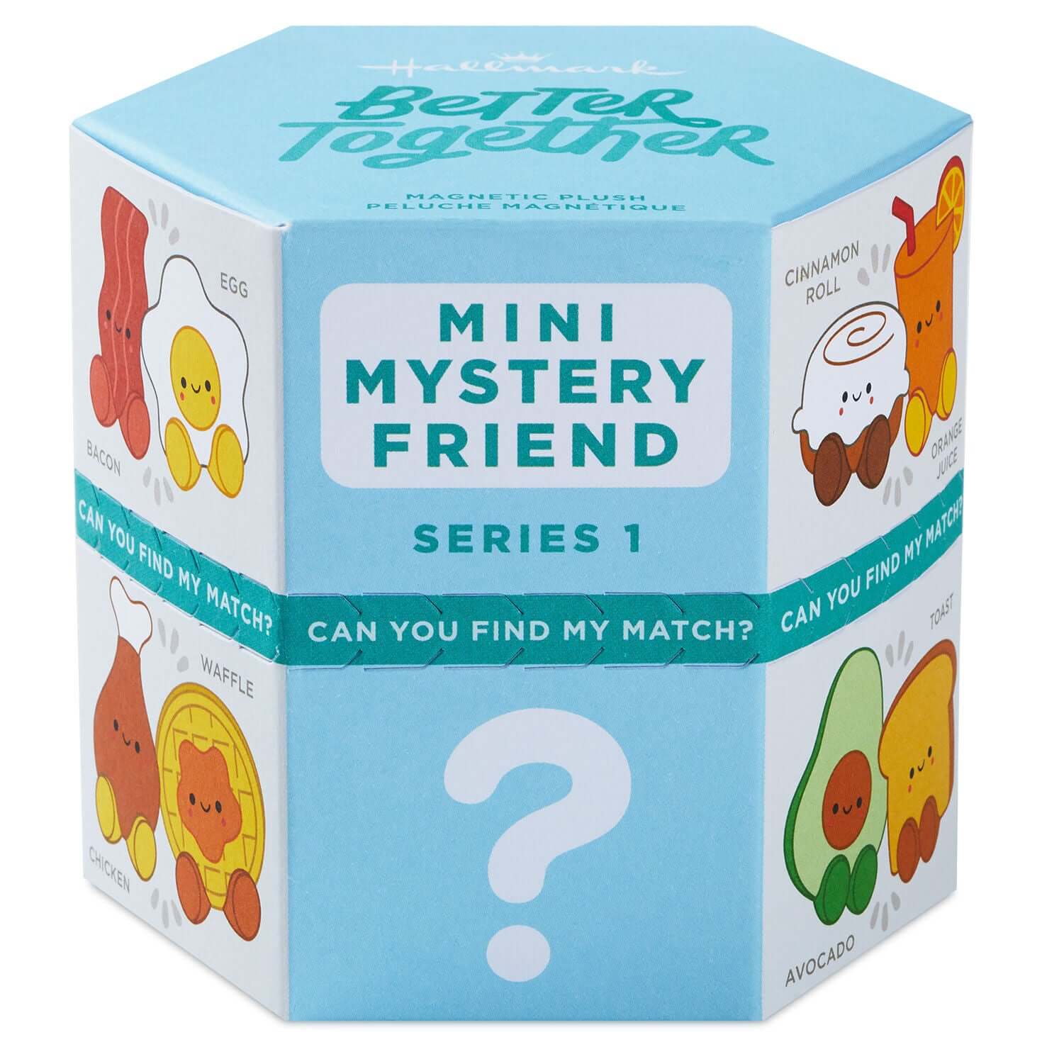 Mini Better Together Mystery Box Magnetic Plush, Series 1 in sealed hexagon packaging featuring various plush food characters.