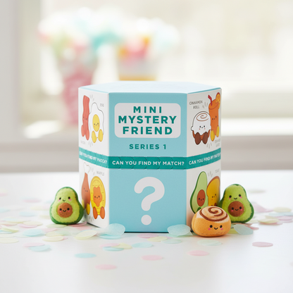 Mini Better Together Mystery Box Magnetic Plush, Series 1 with adorable plush food characters and colourful confetti backdrop.