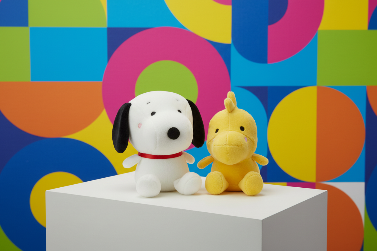 Peanuts® Better Together — Snoopy and Woodstock Magnetic Plush, 5.25", against a vibrant backdrop with geometric patterns.