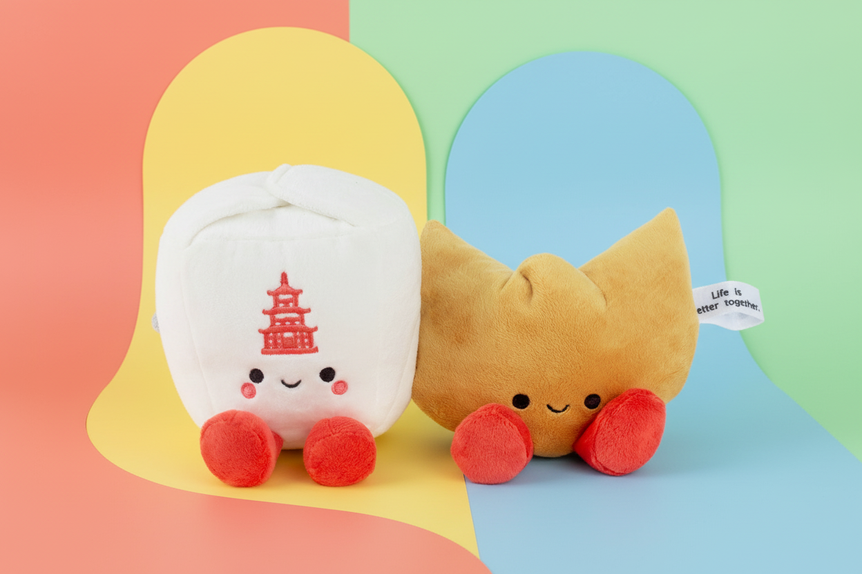 Takeout box and fortune cookie magnetic plush - Better Together in bright colours, featuring cute embroidered faces and magnetic attachment.
