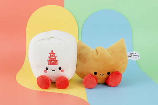 Takeout box and fortune cookie magnetic plush - Better Together in bright colours, featuring cute embroidered faces and magnetic attachment.