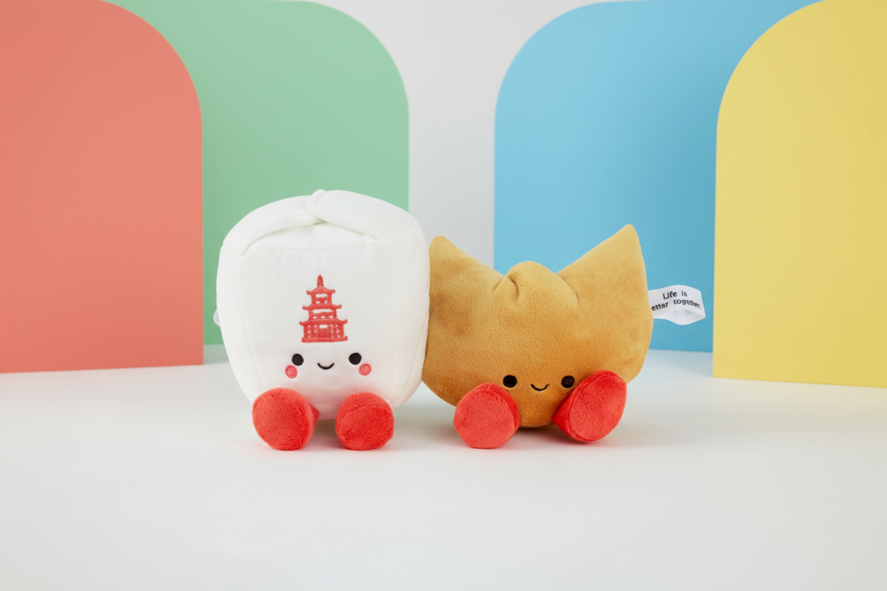 Takeout Box and Fortune Cookie Magnetic Plush - Better Together set, featuring cute designs and vibrant colours against a soft background.