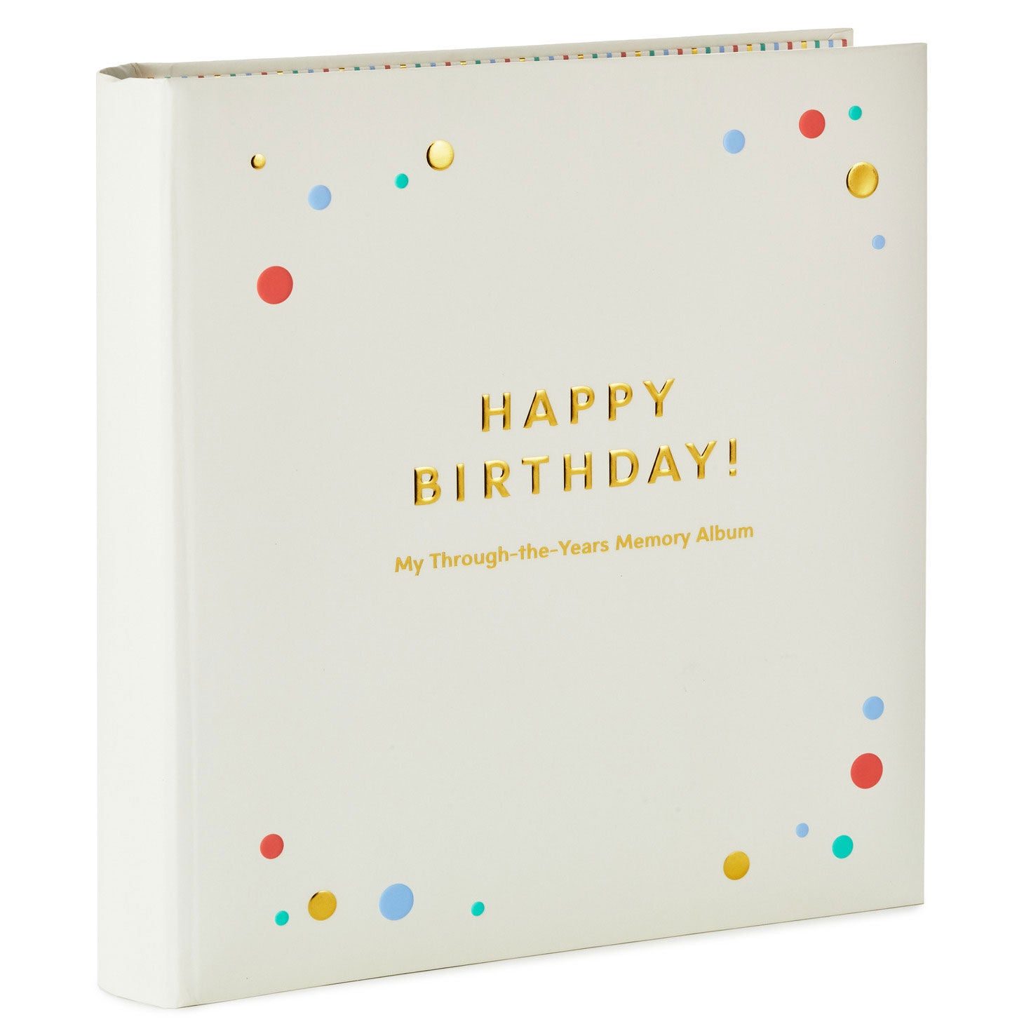 Happy Birthday! My Through-the-Years Memory Album in white with colourful dots and gold lettering, angled view