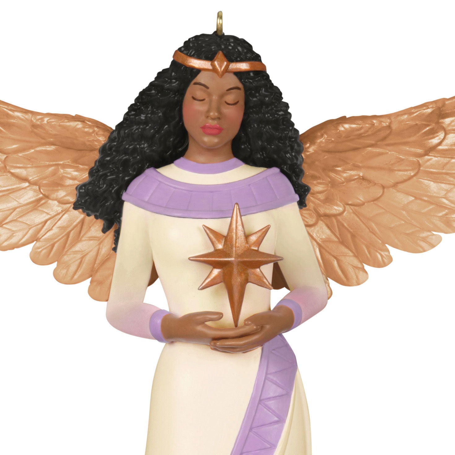 Angel of Light — Hallmark Keepsake Christmas Ornament in white and purple gown, cradling a star, showcasing detailed wings.