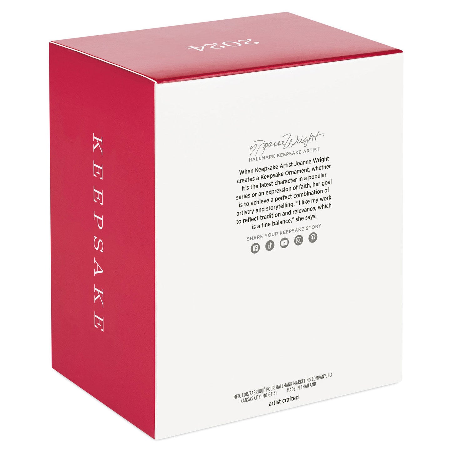 Hallmark Keepsake Christmas ornament packaging featuring artist details, red and white design, and text about Joanne Wright.