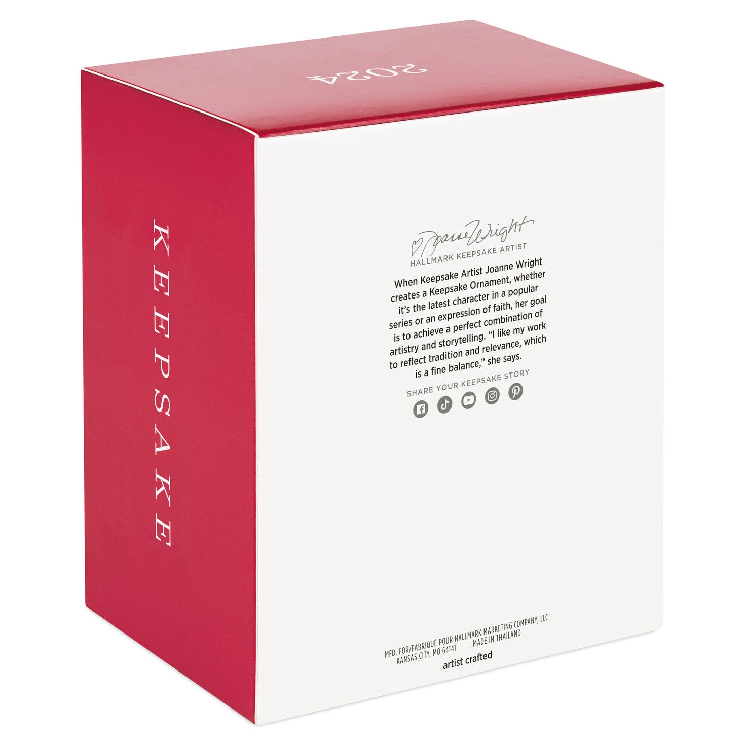 Hallmark Keepsake Christmas ornament packaging featuring artist details, red and white design, and text about Joanne Wright.