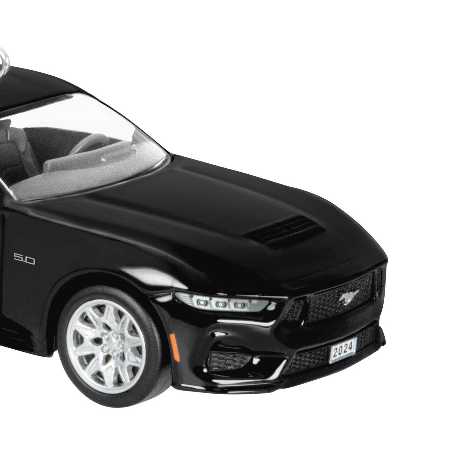 Ford Mustang GT (Metal) — Hallmark Keepsake Christmas Ornament in sleek black, close-up view of front details and year-dated license plate 2024.