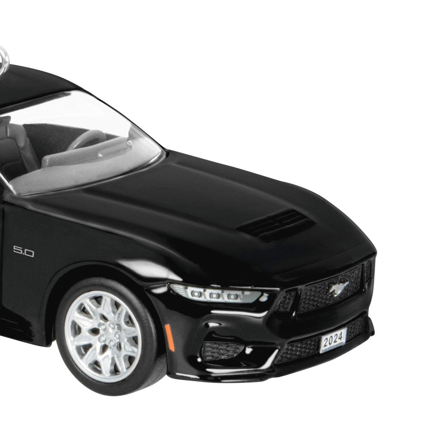 Ford Mustang GT (Metal) — Hallmark Keepsake Christmas Ornament in sleek black, close-up view of front details and year-dated license plate 2024.