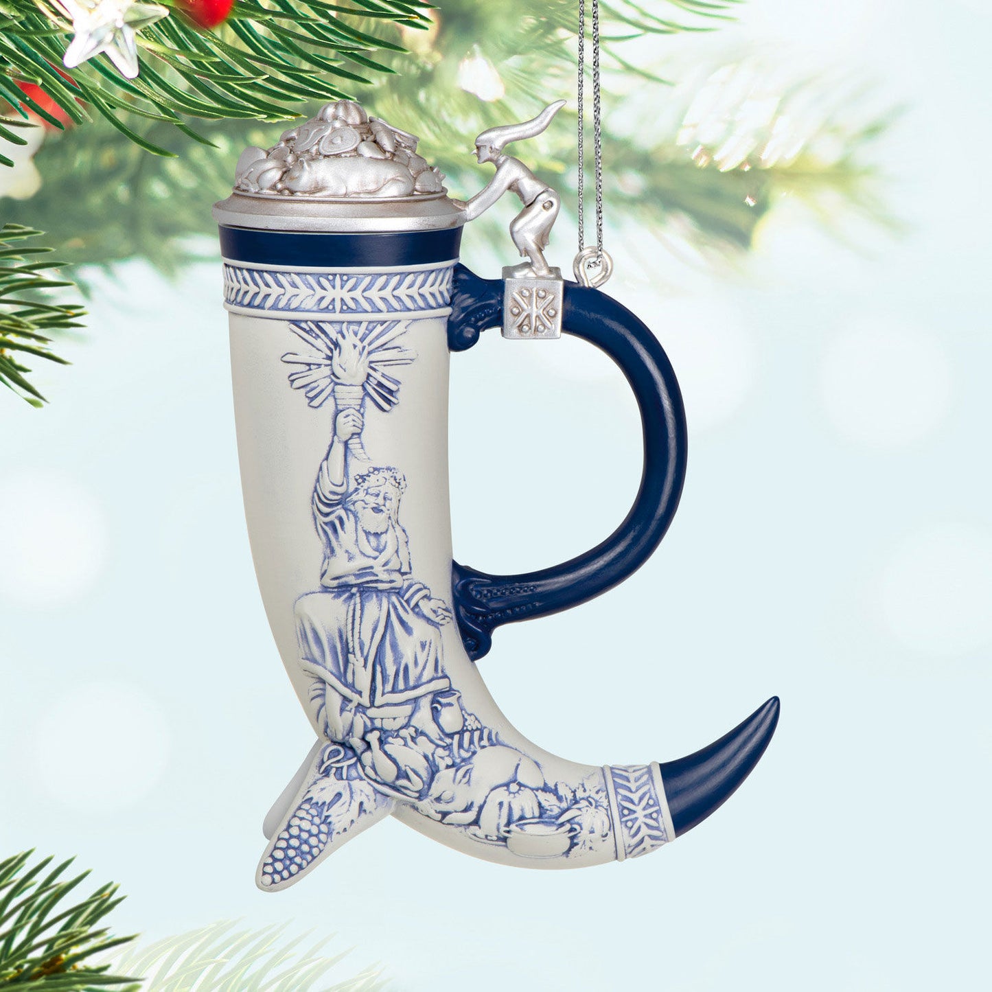 Beer Stein — Hallmark Keepsake Christmas Ornament, ceramic, blue and white design, close-up view of intricate artwork.
