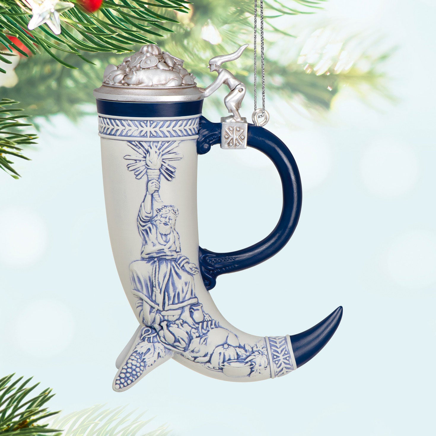 Beer Stein — Hallmark Keepsake Christmas Ornament, ceramic, blue and white design, close-up view of intricate artwork.