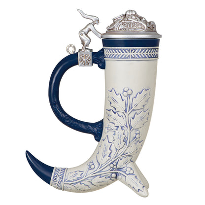 Beer Stein — Hallmark Keepsake Christmas Ornament featuring a blue and white cornucopia design with a detailed lid and horn shape.