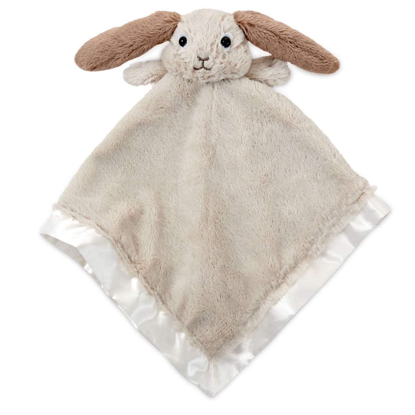 Baby Bunny Lovey Blanket in beige plush with bunny head, featuring satin trim edges and soft texture, flat lay view.