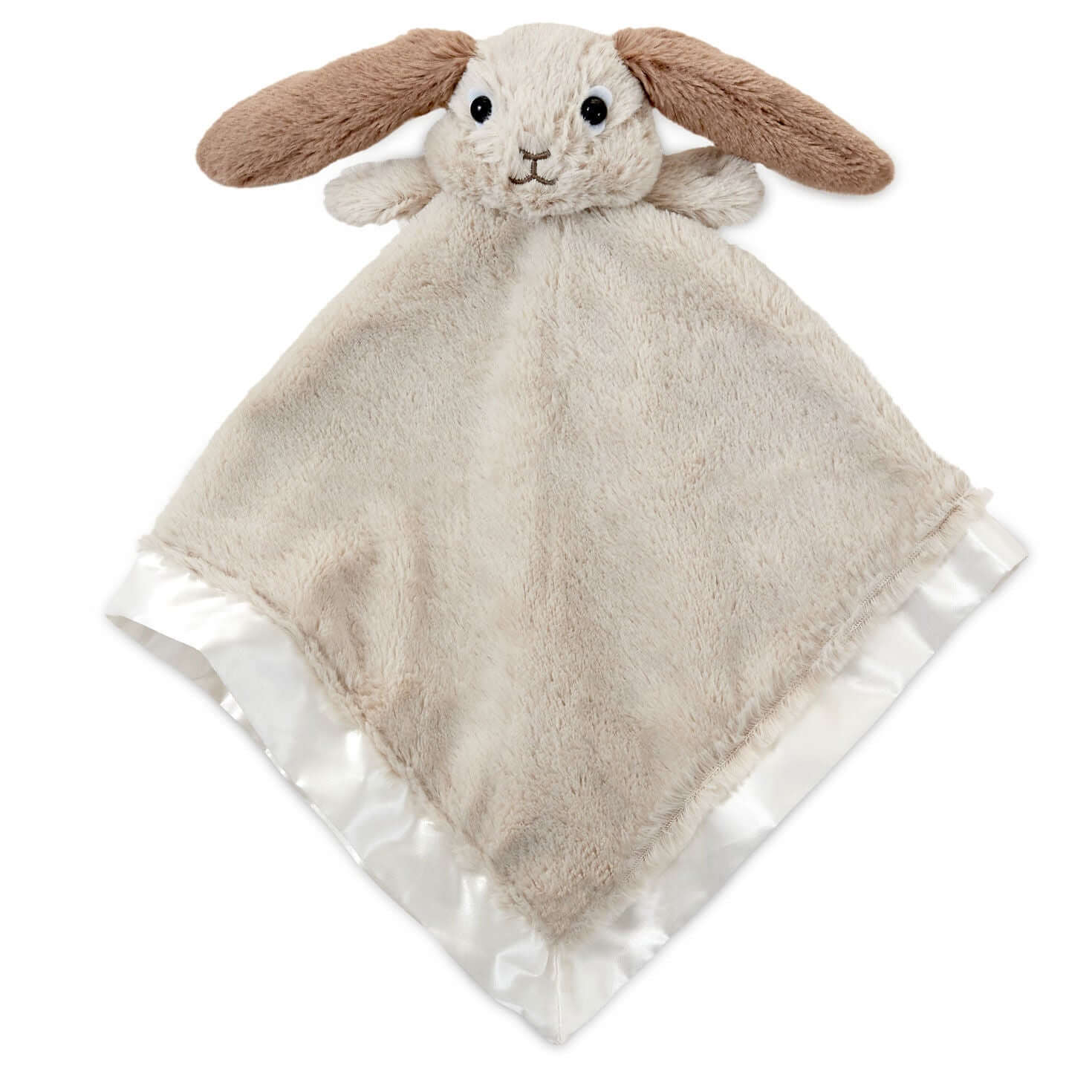 Baby Bunny Lovey Blanket in beige plush with bunny head, featuring satin trim edges and soft texture, flat lay view.
