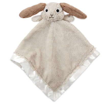 Baby Bunny Lovey Blanket in beige plush with bunny head, featuring satin trim edges and soft texture, flat lay view.