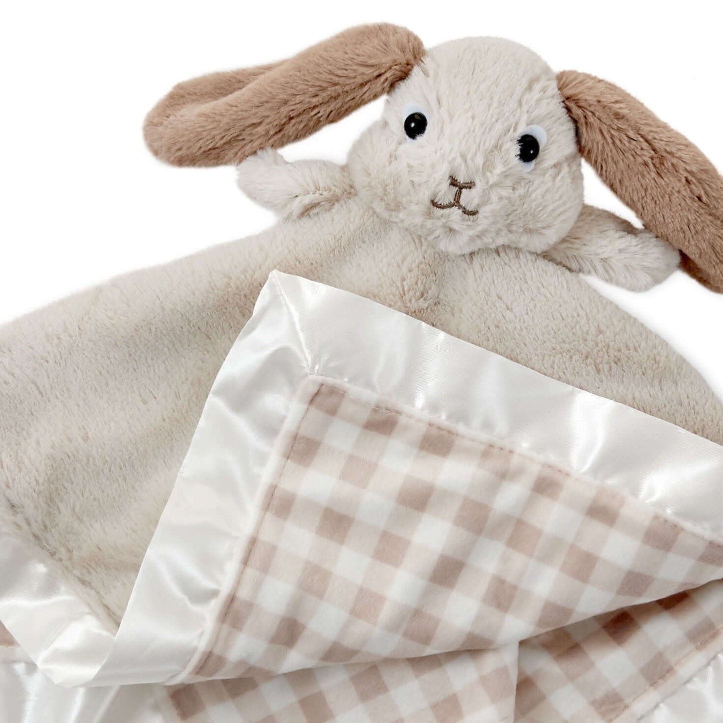 Baby Bunny Lovey Blanket, plush fabric, beige and white gingham pattern, close up view of the bunny head and satin trim.