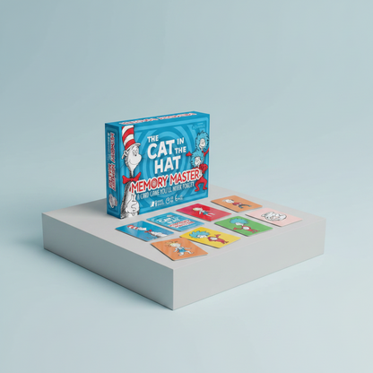 Board game box for 'The Cat in the Hat Memory Master' with cards on a light blue background