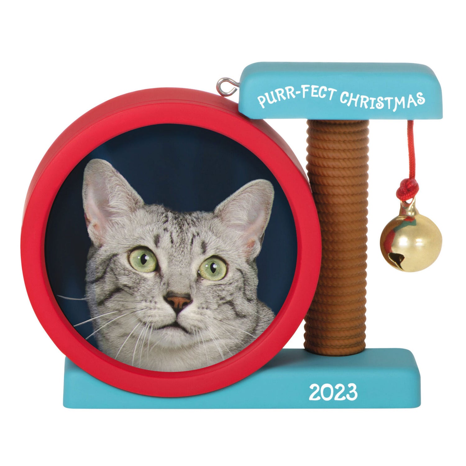 Purr—fect Christmas photo frame — Hallmark Keepsake Christmas Ornament featuring a playful cat scratcher design with a jingle bell.