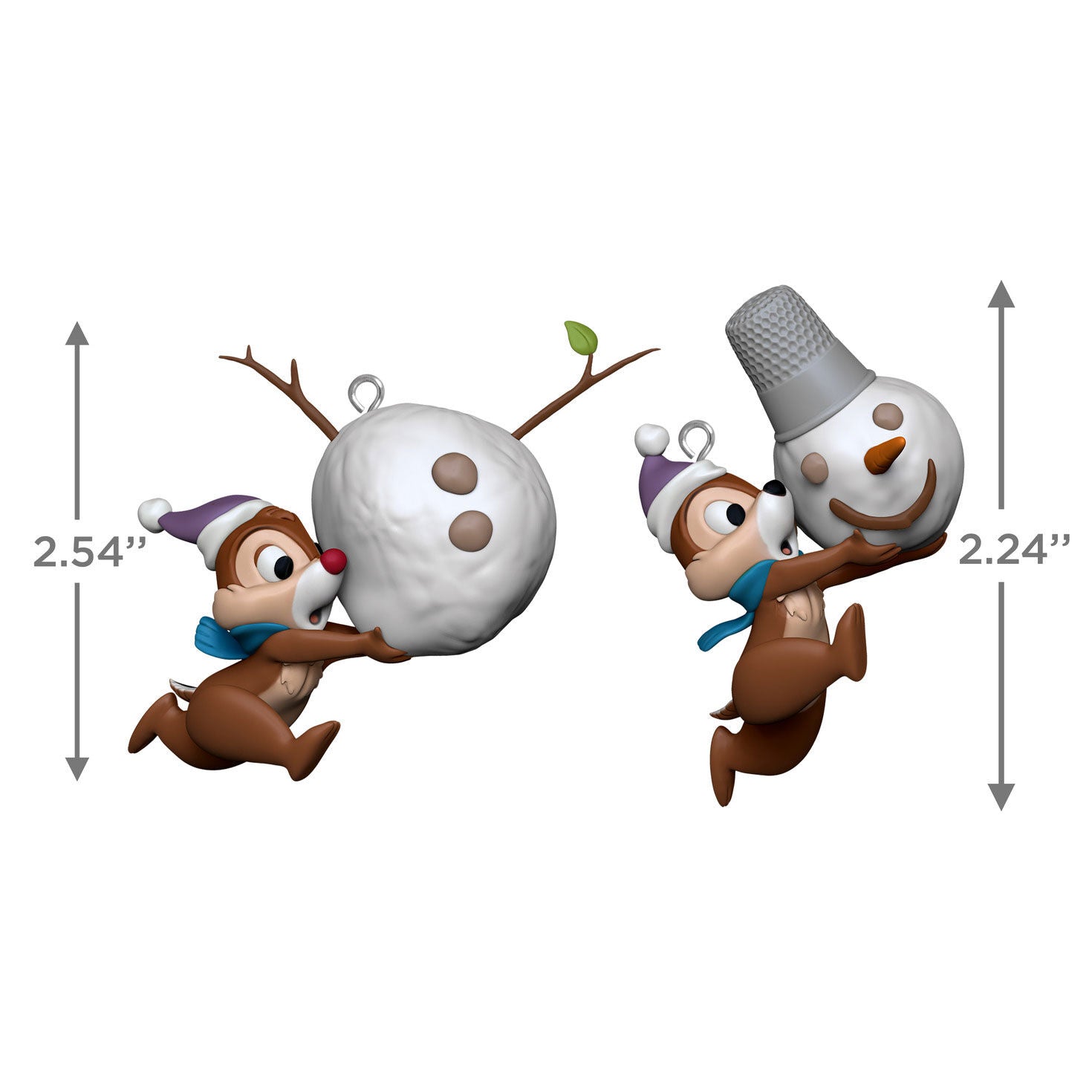Disney Chip and Dale, Up to Snow Good, Set of 2 — Hallmark Keepsake Christmas Ornaments featuring chipmunks building a snowman, detailed 3D design