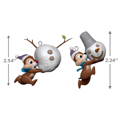 Disney Chip and Dale, Up to Snow Good, Set of 2 — Hallmark Keepsake Christmas Ornaments featuring chipmunks building a snowman, detailed 3D design