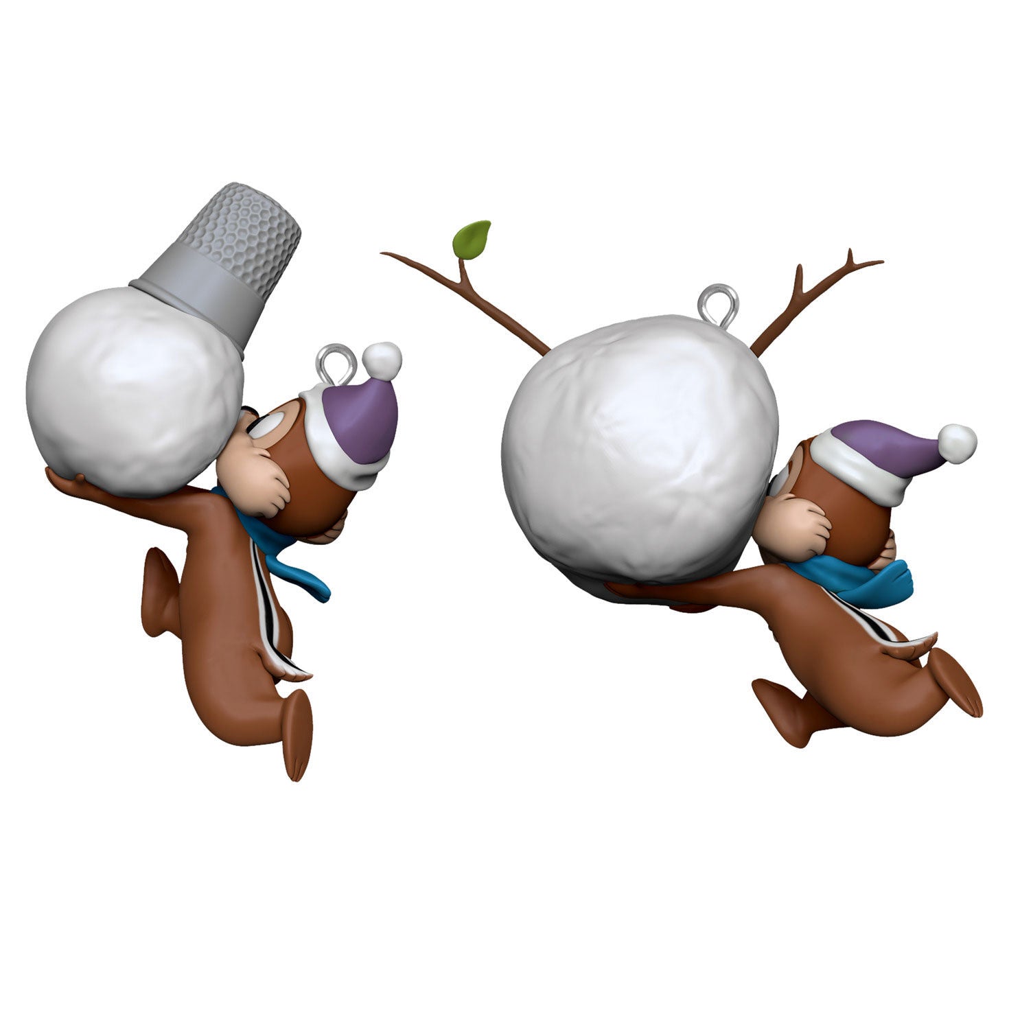 Disney Chip and Dale, Up to Snow Good, set of 2 — Hallmark Keepsake Christmas Ornaments depicting chipmunks carrying snowman parts in festive hats.