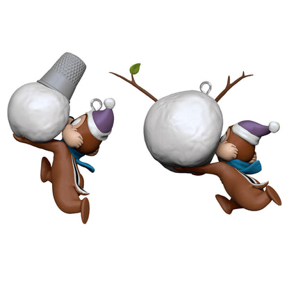 Disney Chip and Dale, Up to Snow Good, set of 2 — Hallmark Keepsake Christmas Ornaments depicting chipmunks carrying snowman parts in festive hats.
