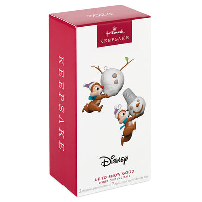 Disney Chip and Dale, Up to Snow Good, Set of 2 — Hallmark Keepsake Christmas Ornaments in gift box with snowman design.