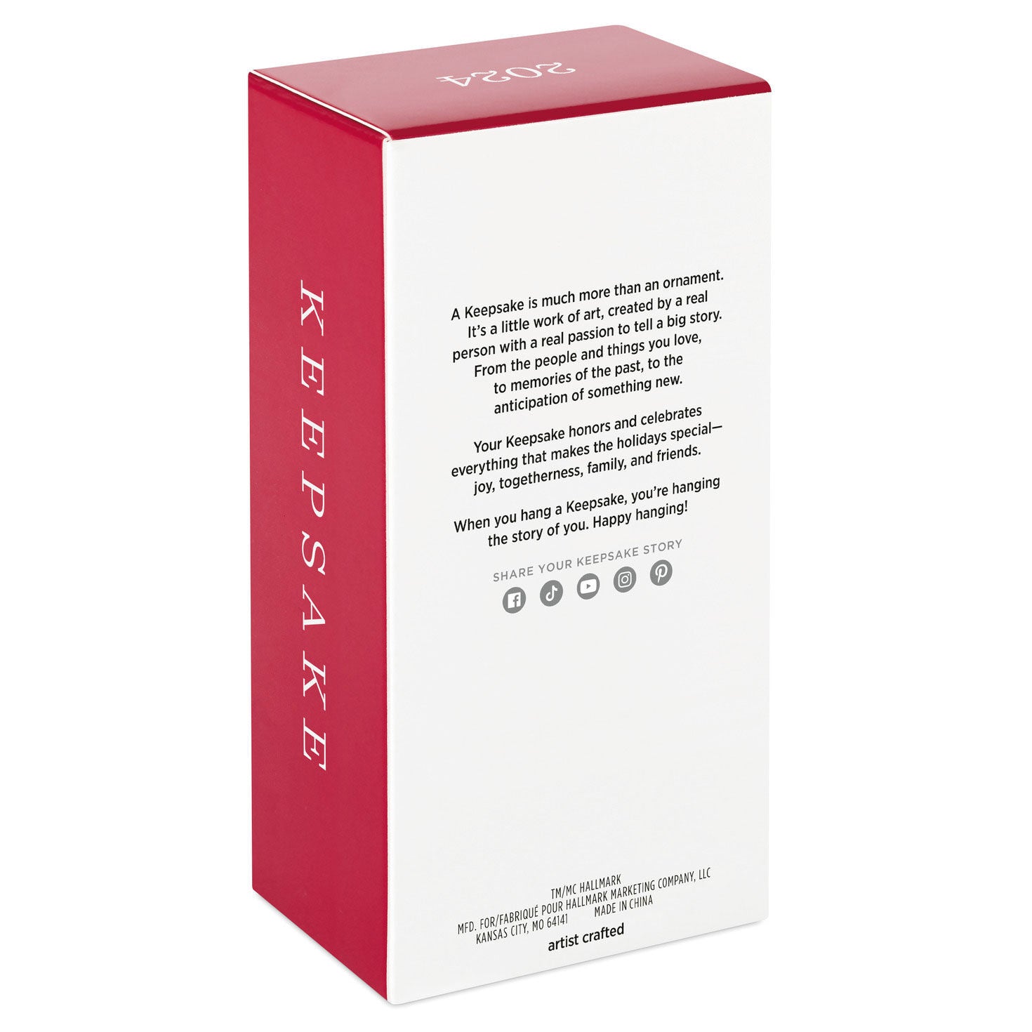 Hallmark Keepsake Christmas ornaments packaging, featuring heartfelt description and artist details on a red and white box.