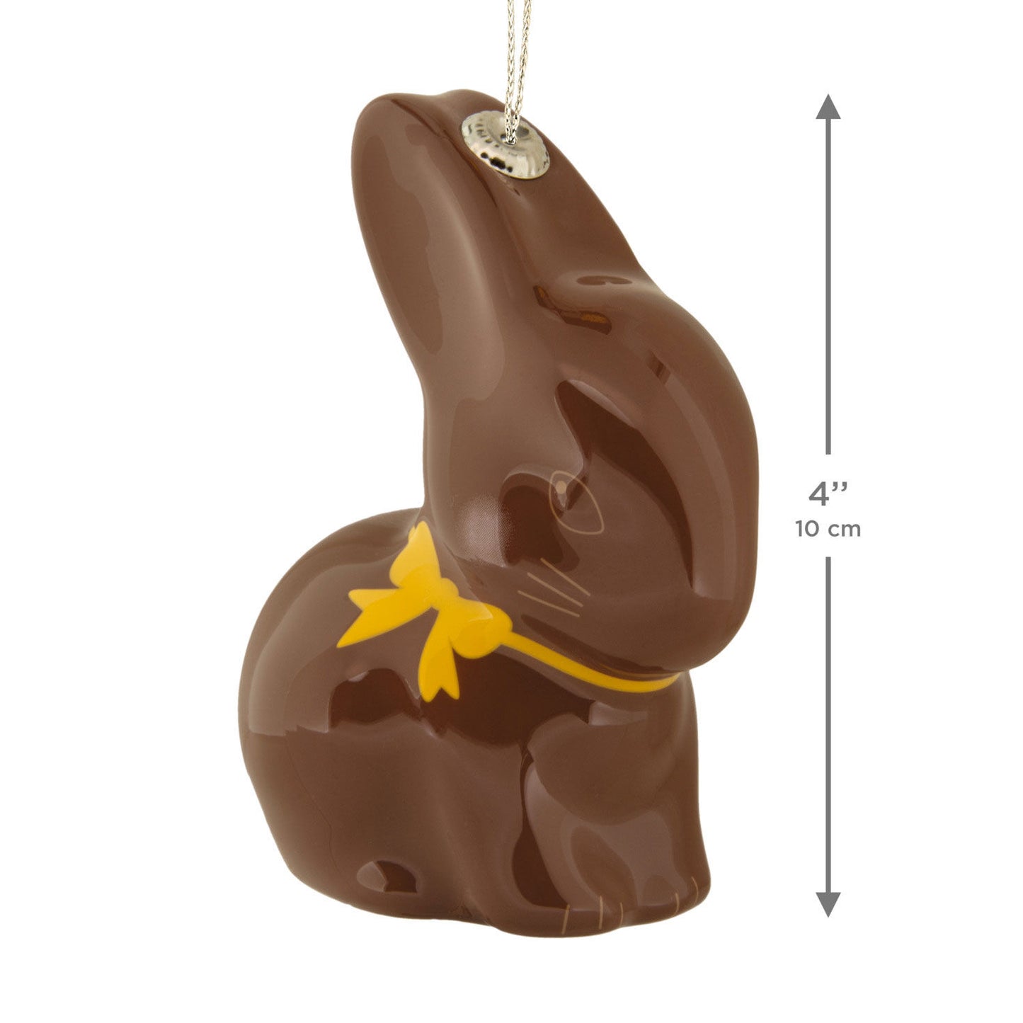 Chocolate bunny ornament with a yellow bow, shown with a size measurement on a white background.