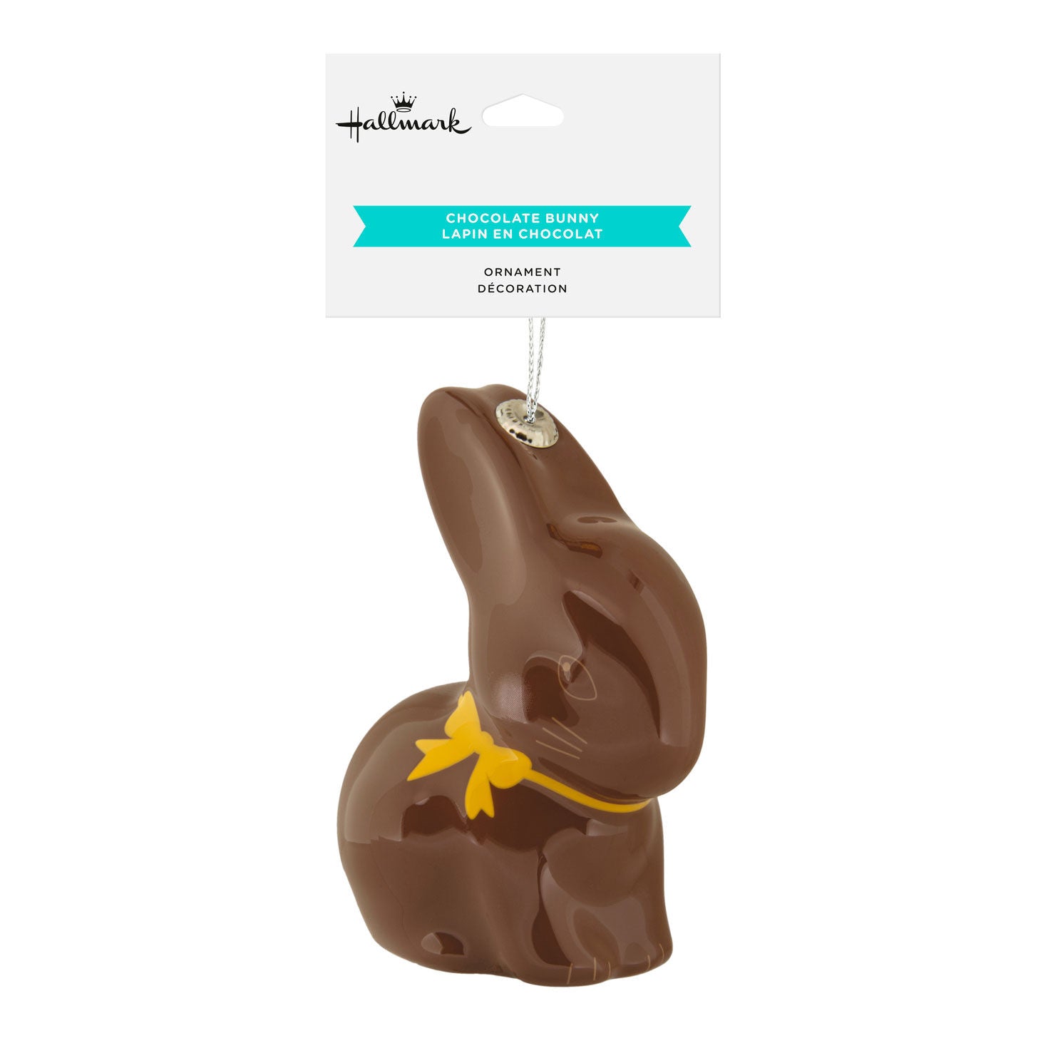 Chocolate bunny ornament with a yellow bow on a white background, featuring the Hallmark brand.