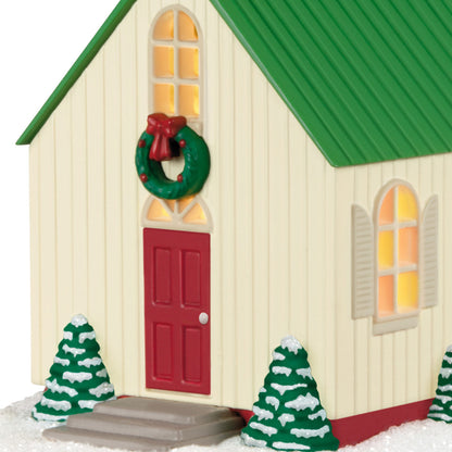 The Light of Hope — Hallmark Keepsake Christmas Ornament, decorative church with green roof, red door, and glittery snow