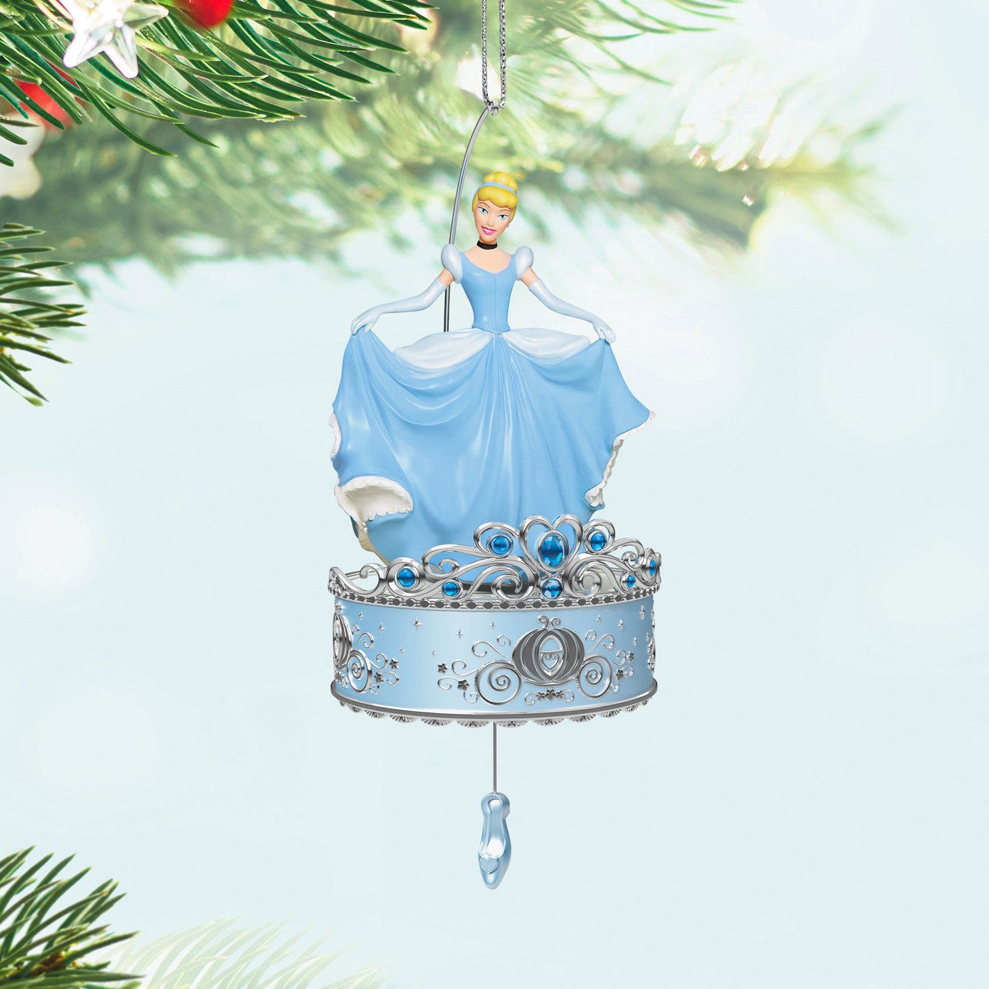 Disney Cinderella, Twirling at the Ball — Hallmark Keepsake Christmas Ornament with Cinderella in a blue gown, twirling on a decorated base.