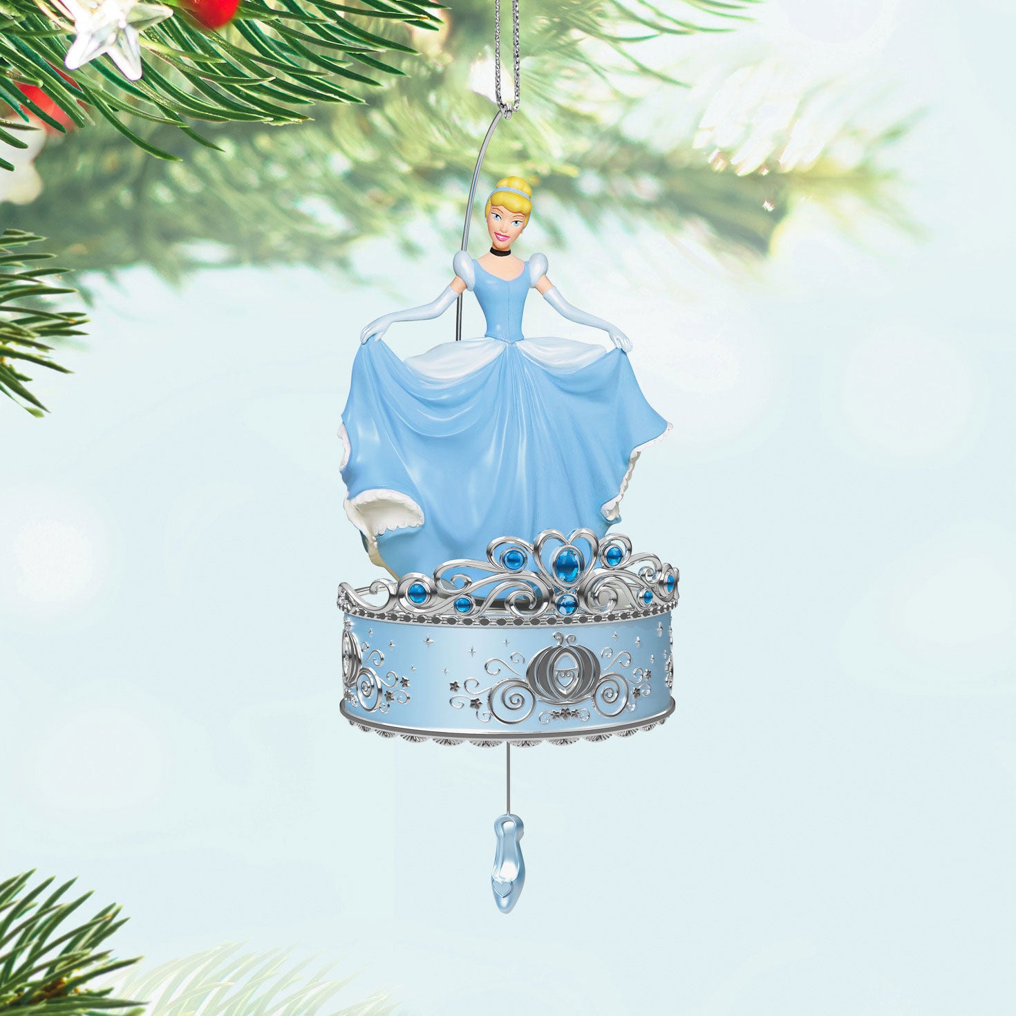 Disney Cinderella, Twirling at the Ball — Hallmark Keepsake Christmas Ornament with Cinderella in a blue gown, twirling on a decorated base.