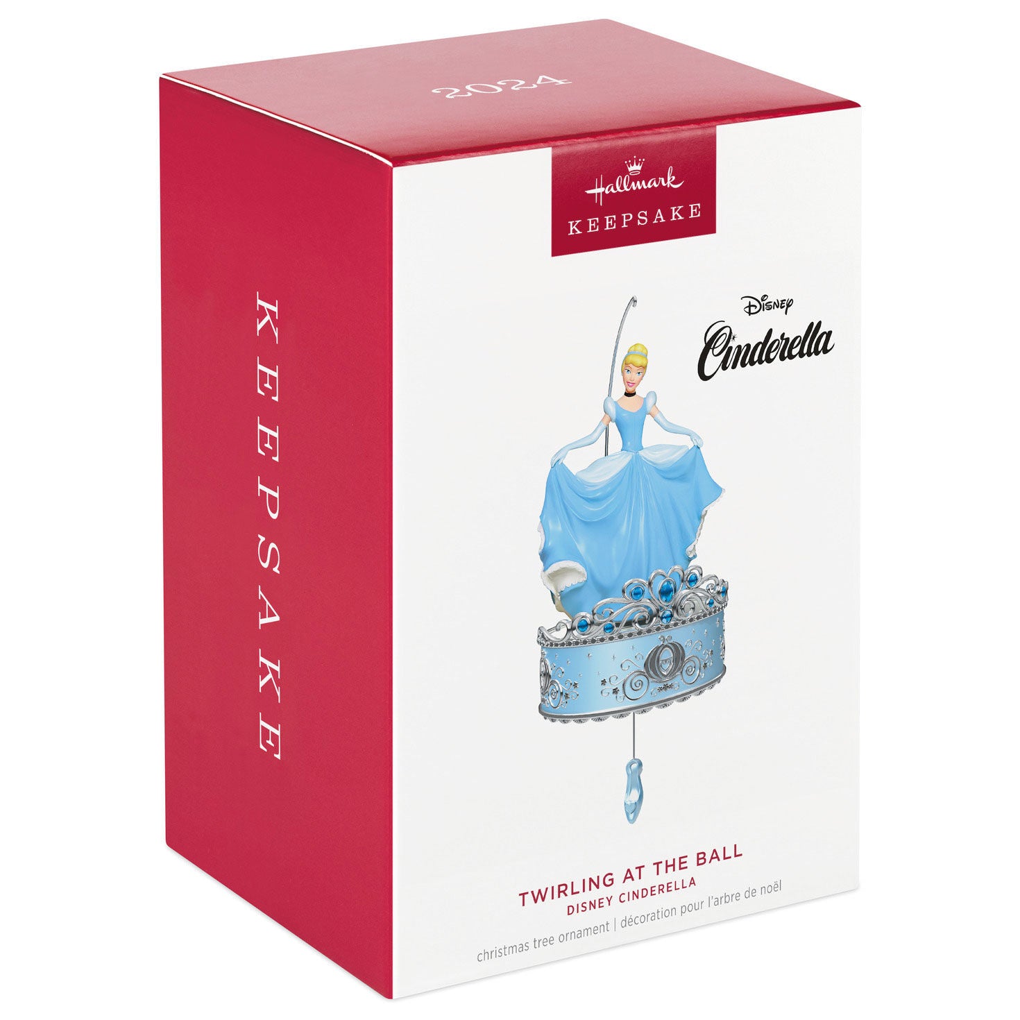 Disney Cinderella, Twirling at the Ball — Hallmark Keepsake Christmas Ornament packaging with bold red box featuring Cinderella in blue ballgown.
