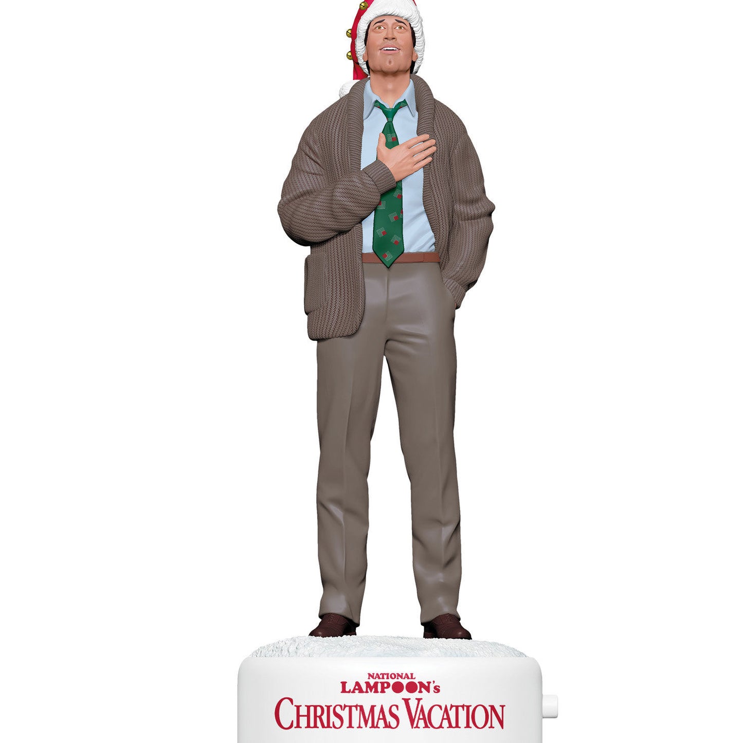 National Lampoon's Christmas Vacation™ Clark Griswold With Sound — 2026 Hallmark Keepsake Christmas Ornament, figurine in Santa hat and tie, detailed view.