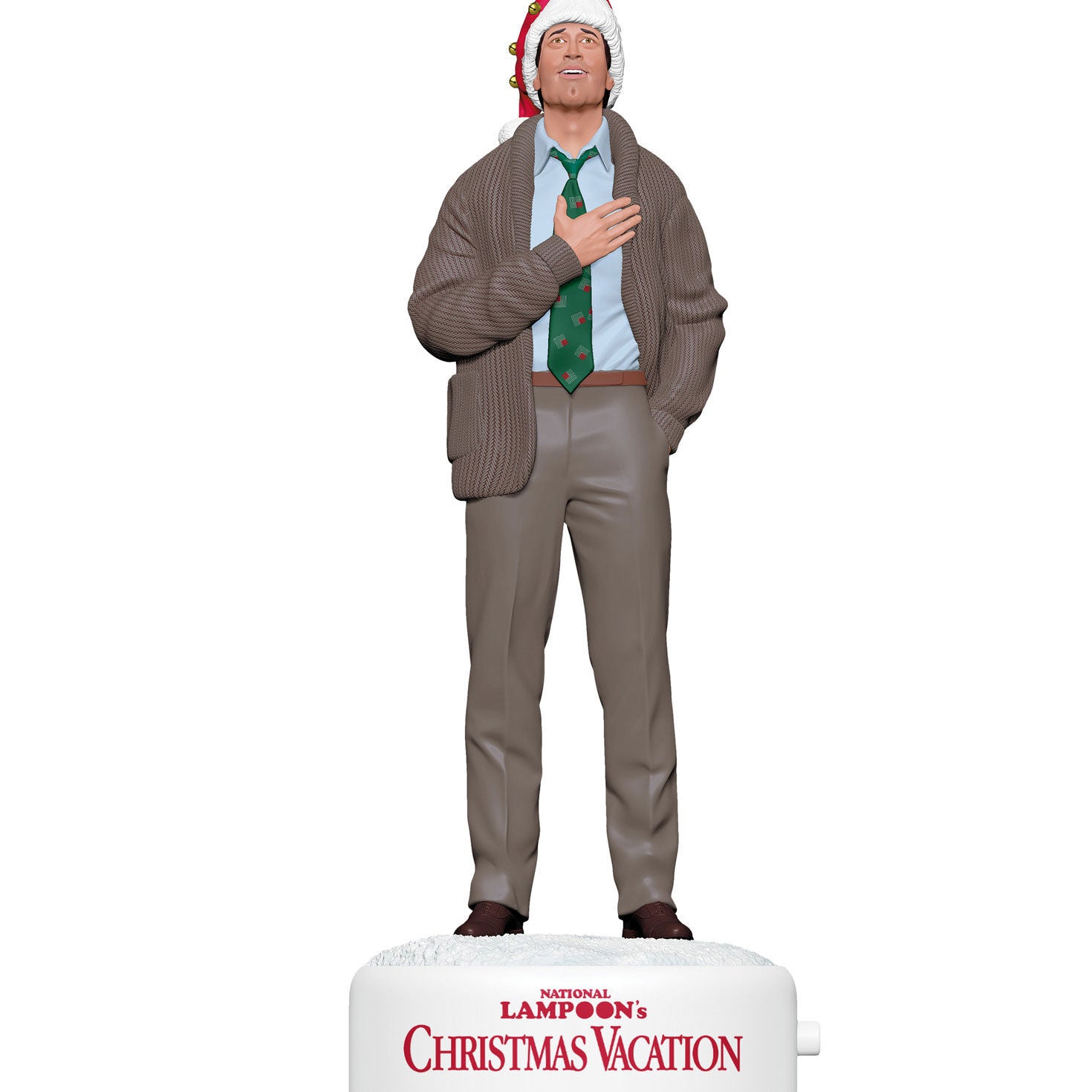 National Lampoon's Christmas Vacation™ Clark Griswold With Sound — 2026 Hallmark Keepsake Christmas Ornament, figurine in Santa hat and tie, detailed view.