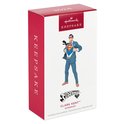 DC™ Superman™ Clark Kent™ — Hallmark Keepsake Christmas Ornament box featuring Clark Kent revealing Superman suit, red and white packaging.