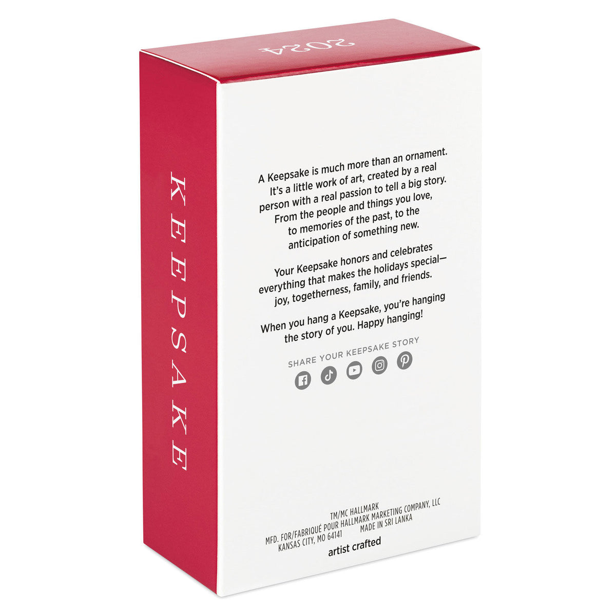 Hallmark Keepsake Christmas ornament packaging, featuring a red and white design with a message about the importance of keepsakes.
