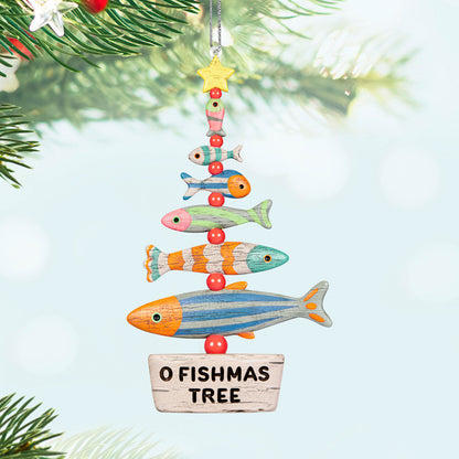 O Fishmas Tree — Hallmark Keepsake Christmas Ornament featuring colourful fish and star, hanging on a Christmas tree branch.