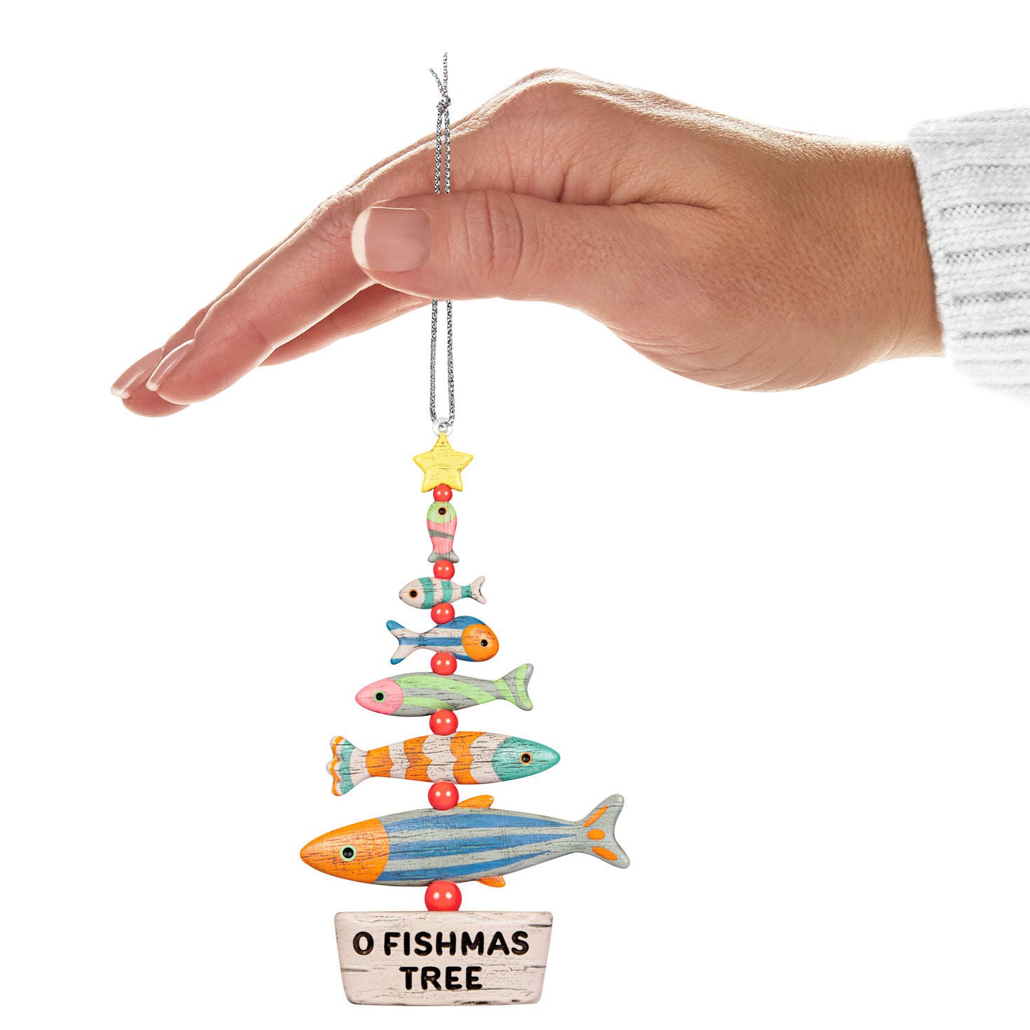 O Fishmas Tree — Hallmark Keepsake Christmas Ornament with vibrant fish design, held by a hand, featuring a star and festive message.