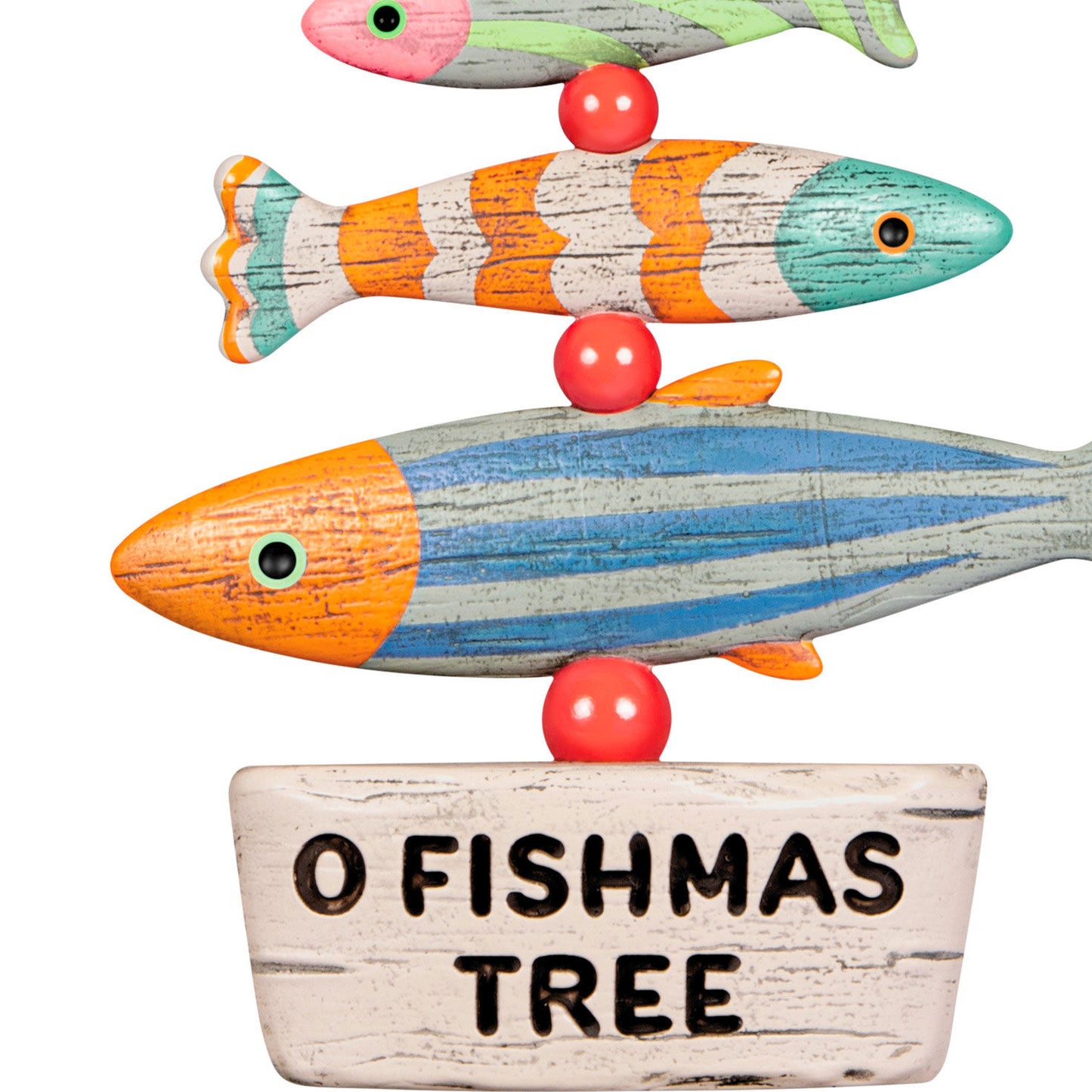 O Fishmas Tree — Hallmark Keepsake Christmas Ornament with colourful fish detail and rustic sign design, close-up view.