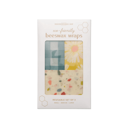 Beeswax wrap set of 3-Retro in eco-friendly packaging featuring colourful designs in small, medium, and large sizes.
