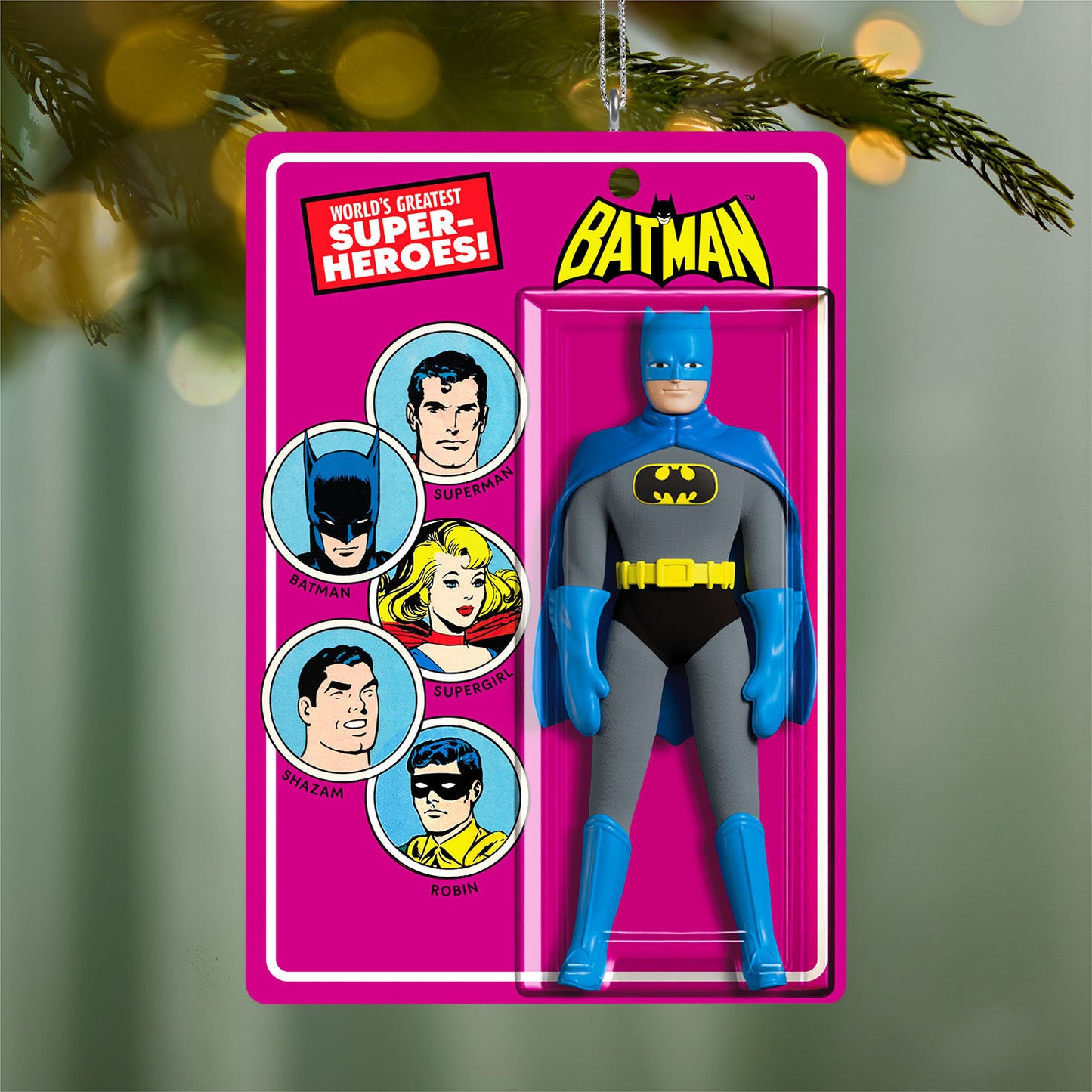 DC™ Batman™ Vintage Figure — 2026 Hallmark Keepsake Christmas Ornament in original packaging, featuring classic superhero design and vibrant colours.