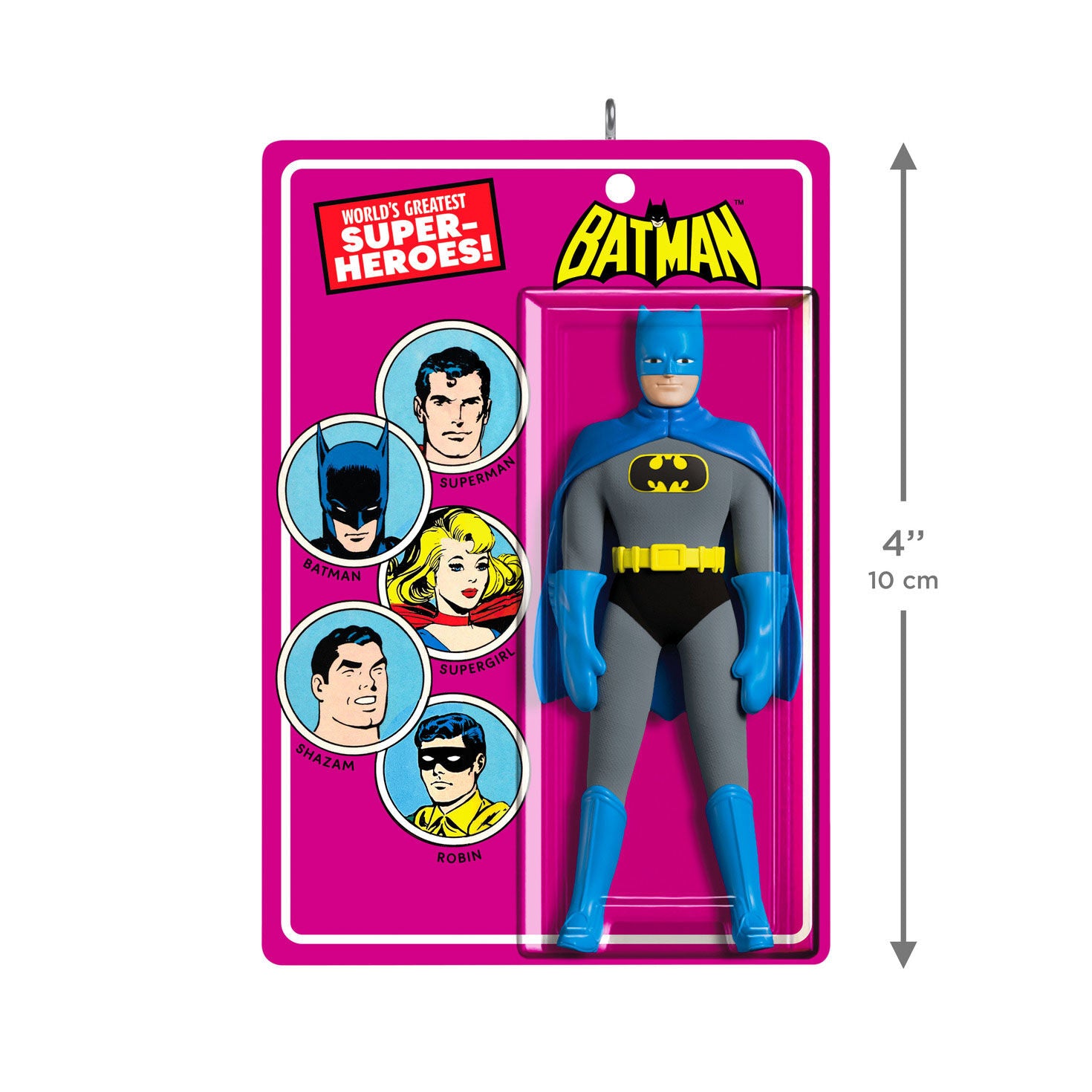 DC™ Batman™ Vintage Figure — 2026 Hallmark Keepsake Christmas Ornament in packaging, featuring vibrant colours and character details.