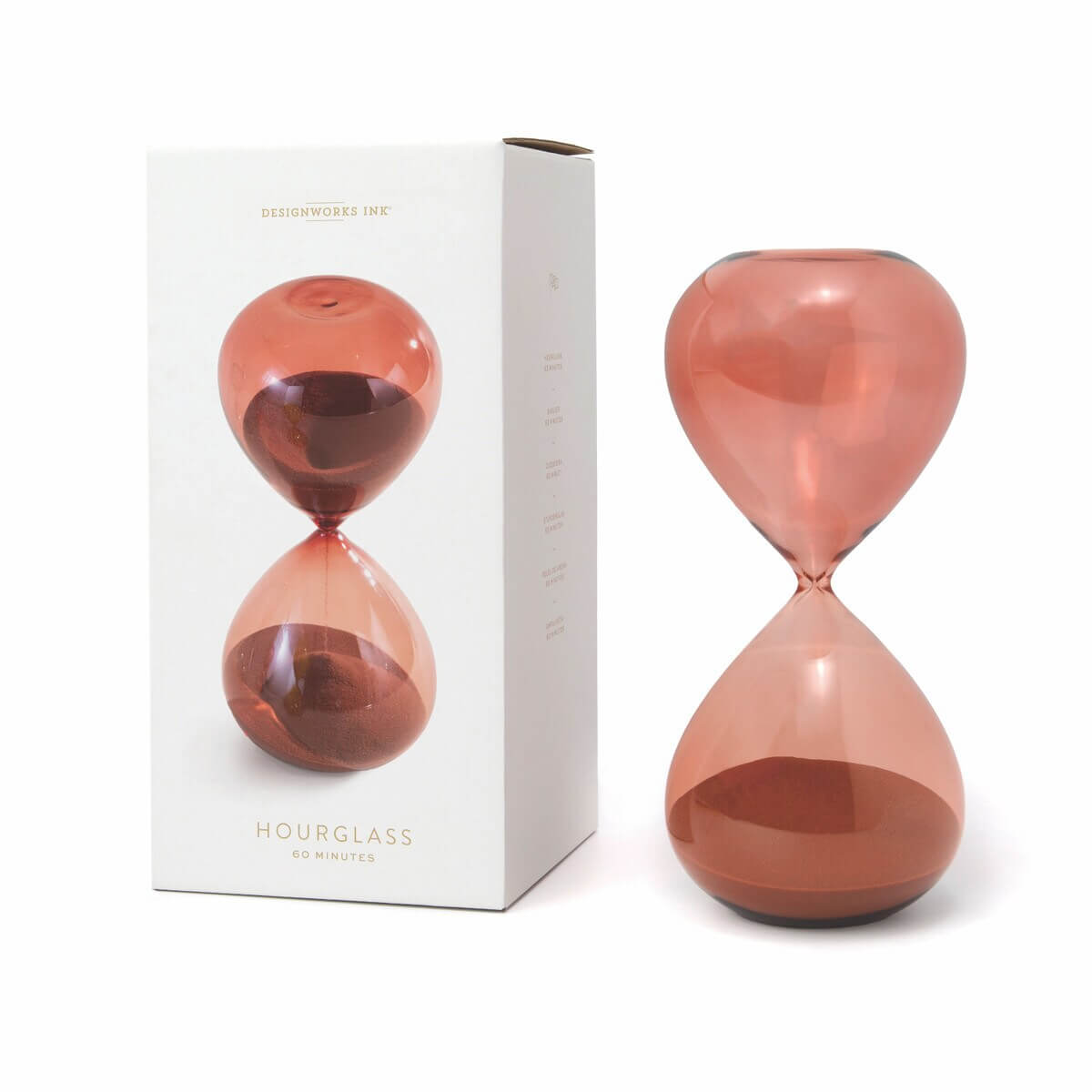 Hourglass - Terracotta Ombre (1 Hr) - Boxed, elegant glass timer with ombré finish, displayed next to packaging.