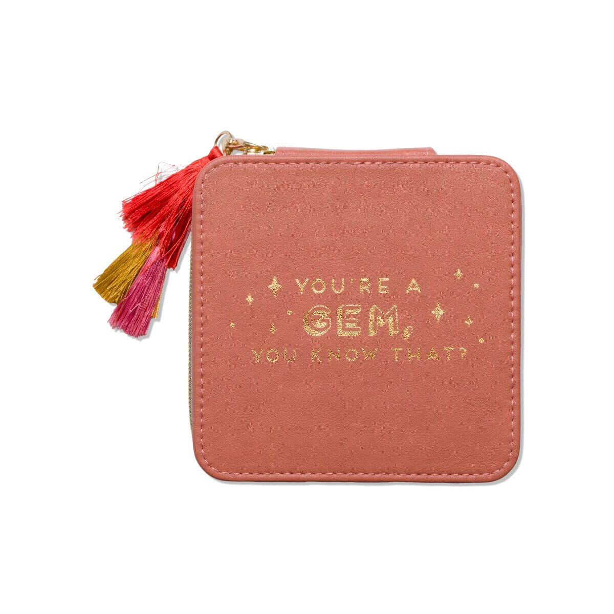 Jewelry case - You’re A Gem in soft pink vegan leather with gold foil stamping and colourful tassels, front view.