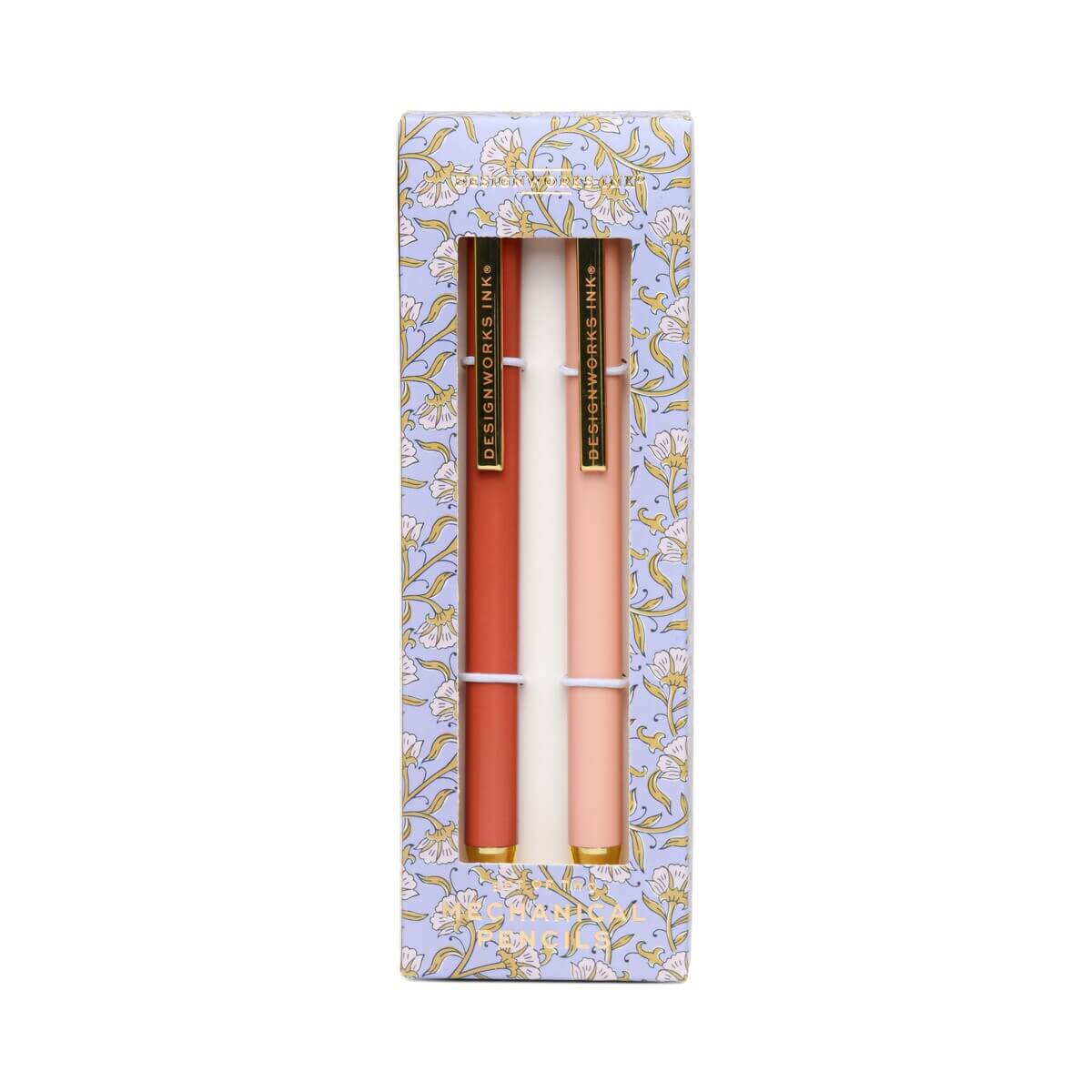 Mechanical pencils - Rosewood +Blush in decorative packaging, featuring blush and rosewood colours, displayed in a flat lay.