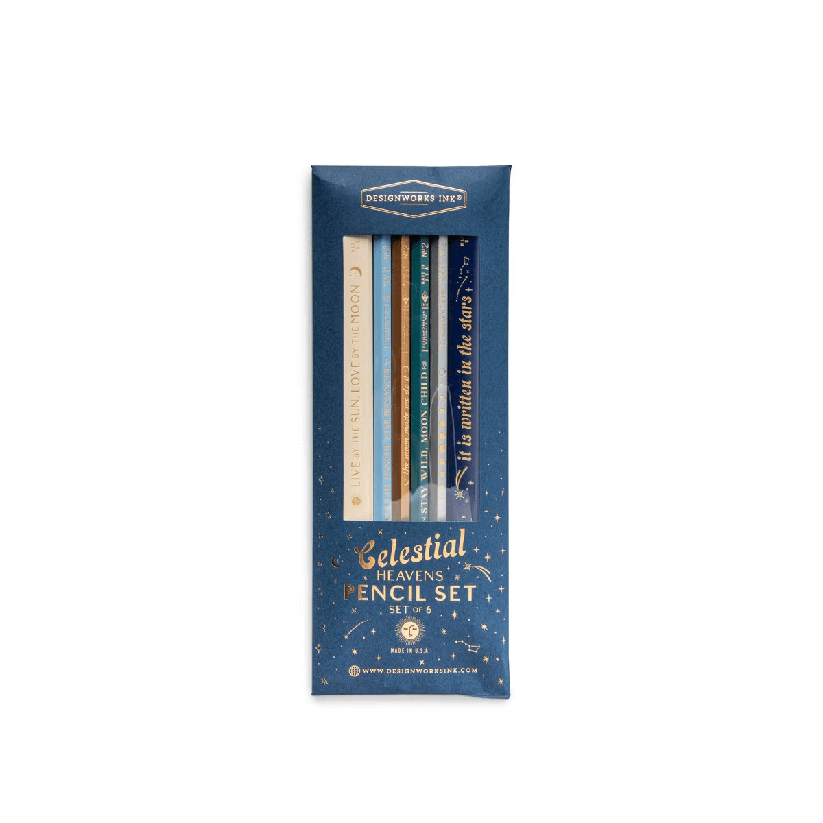 Celestial Heavens Pencil Set featuring six wood pencils in a blue kraft envelope with gold foil detail and string closure.